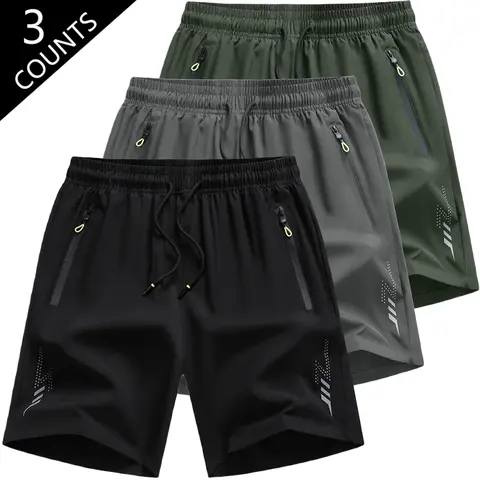 Men's 3-Pack Elastic Waistband Drawstring Shorts - Quick-Dry Lightweight Breathable Polyester Blend Plain Sports Outdoor Shorts with Safety Zippered Pockets, Youth Sizes Built for School, Play, Park Runs