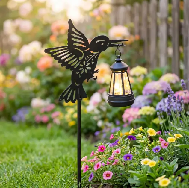 Black Cutout Hummingbird Silhouette Solar Garden Stake Light with Hanging Lantern, Waterproof Outdoor Lawn Pathway Decor Ornament Statue
