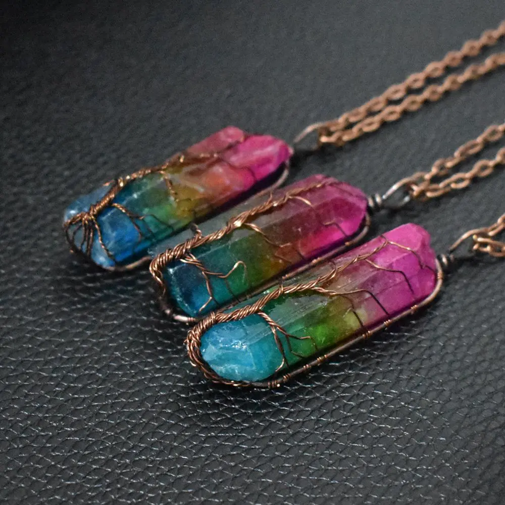 Non-Natural Crystal Tree Pendant Necklace - Hot-Selling Crystal Column, O-Chain Neck, Rainbow Hues, Simple Look, Ins Fashion Jewelry Accessory