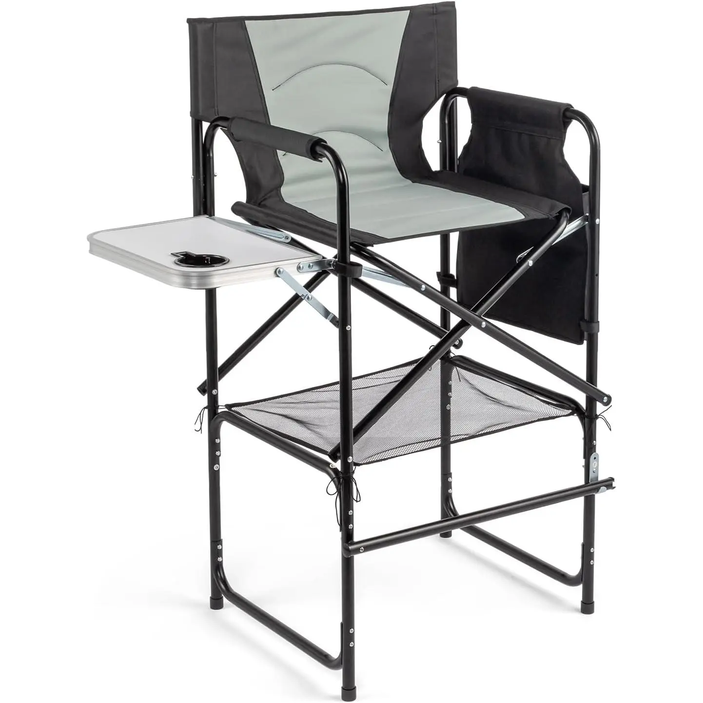 OmySalon Extra Bar Height Collapsible Directors Armchair (Assembly Required) - 600D Oxford Fabric, Heavy-Duty Iron Frame, 300 lbs Capacity, Portable, with Armrest, Side Table, Cup Holder, Storage Bag, Ideal for Makeup Sessions, Art Fairs, Craft Shows