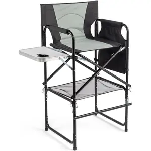 OmySalon Extra Bar Height Directors Chair, Professional Portable Makeup Artist Folding Chair w/Side Table, Cup Holder, Side Storage Bag, Heavy Duty Iron Frame 300 lbs Capacity