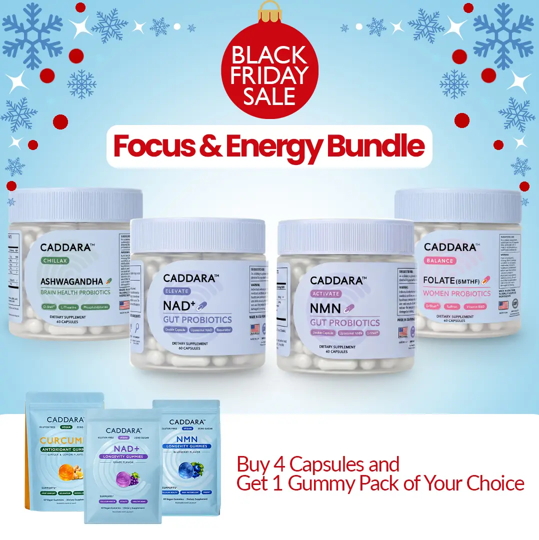 Caddara Focus & Energy Bundle: NAD+, NMN, Folate & Ashwagandha | Gut Health, Cellular Longevity, Hormonal Wellness, Daily Energy, Brain Health (60 Capsules Per Bottle) Healthcare Edible