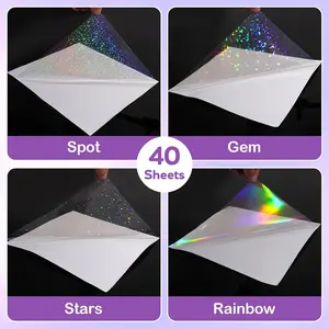 40 Sheets A4 Size Holographic Cold Lamination Film, Waterproof Clear Self-Adhesive Vinyl Sticker Paper, 8.3×11.7 Inch 4 Styles Mixed: Diamond, Rainbow, Stars, Dots, DIY Decal Film
