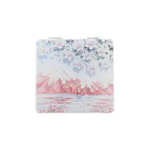 VOCOSTE 1 Pc Women Compact Mirror for Purses, Hand-painted Oil Painting Makeup Mirror for Travel Vacation Blue Pink