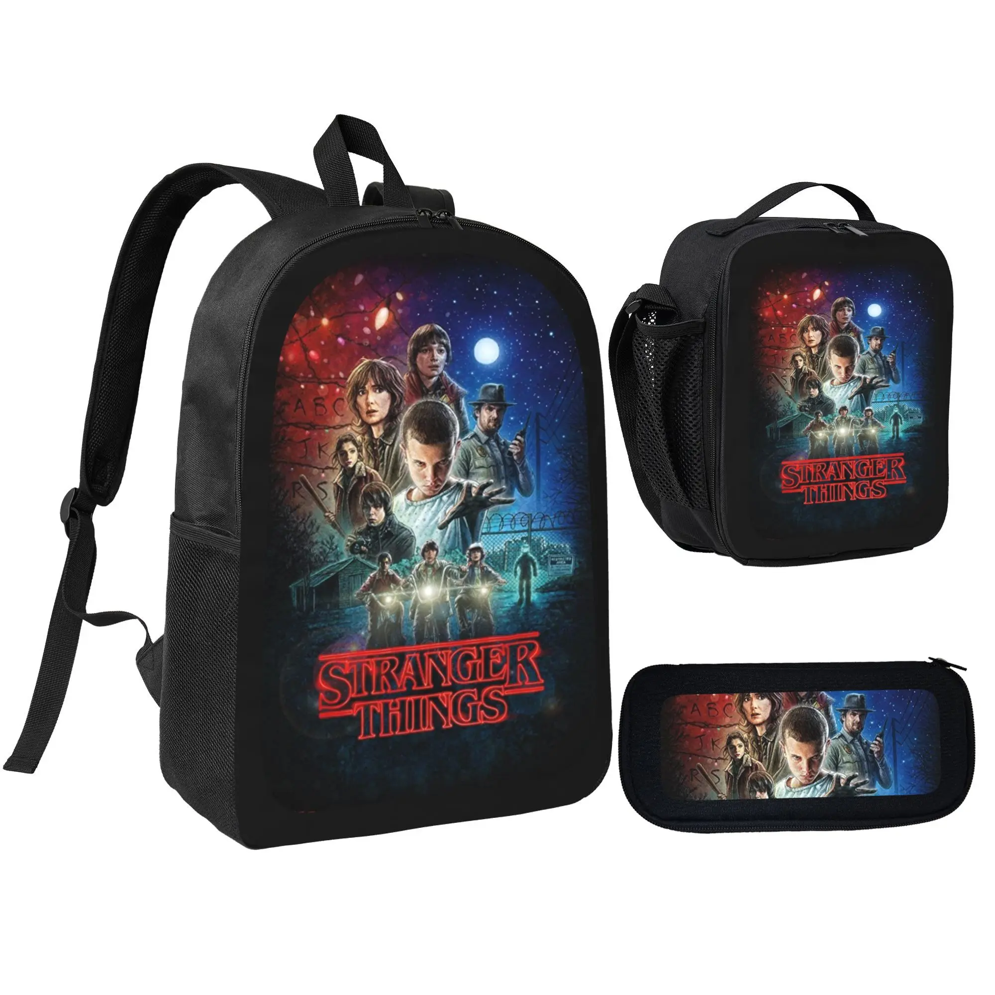 Stranger Things Official Collaboration 3-Piece Backpack Set - Including Retro Black School Backpack, Pencil Bag and Lunch Bag - Netflix Stranger Things Stationery Set