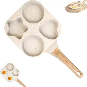 Non-stick Hole Design Egg Frying Pan, 4 Hole Skillet with Handle, Small Egg Fry Pan 4-in-1 Divided Grill Pan, Wooden Handle Stone Omelet Non-stick Cookware, Breakfast Pancake Pan, Kitchen Gadgets for Gas and Induction Cooktops gas stove