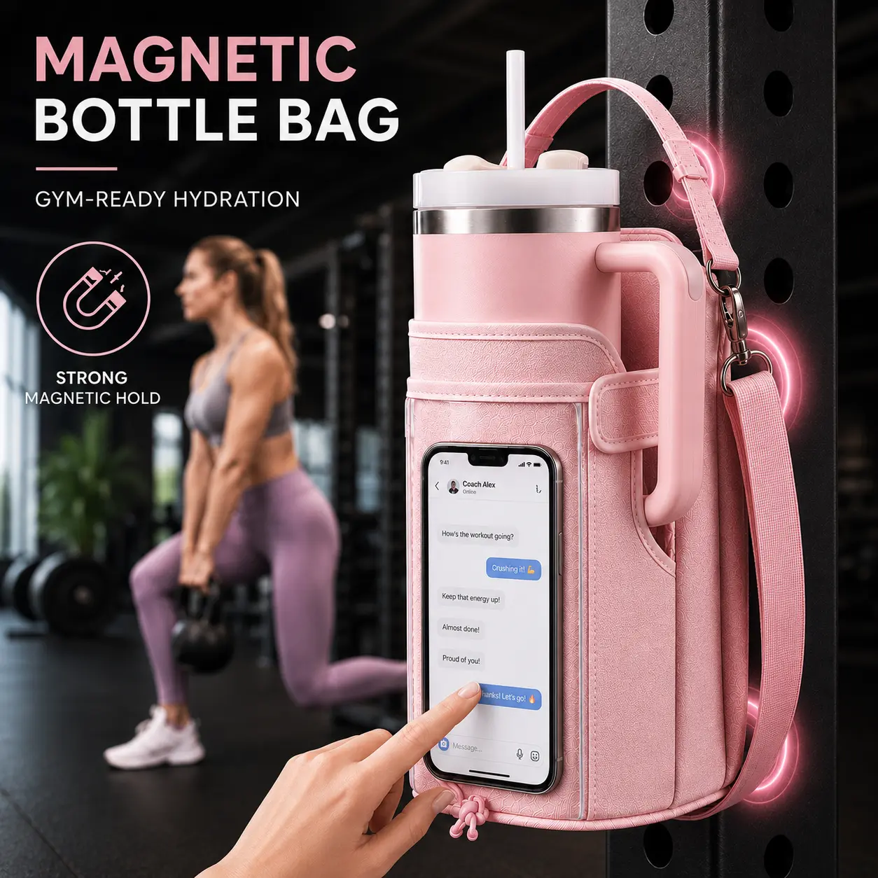 Magnetic Gym Water Bottle Bag for Women, 4 Strong Magnets, Fits 40 oz Tumblers with Handles, Touchscreen Phone Pocket, Water-Resistant Crossbody Bottle Holder for Workouts & Campus
