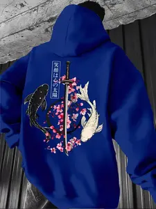 Japanese Style Hooded Sweatshirt for Men, Casual Polyester Knit Fabric, Fitted Graphic Letter Pattern, Fall & Winter Fashion