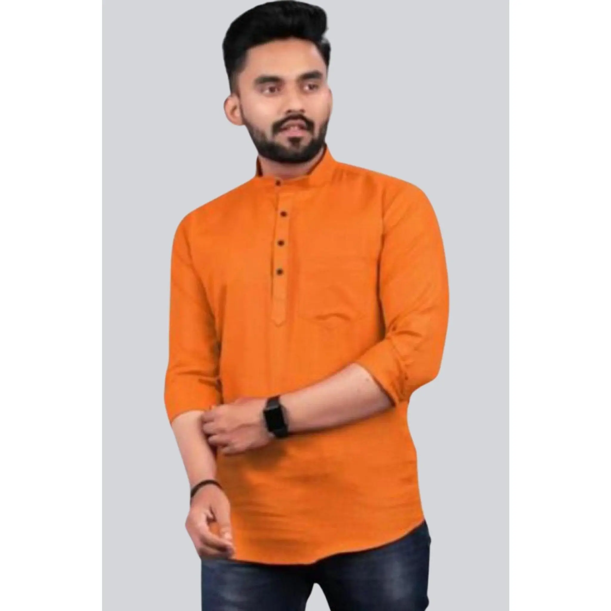 Men's Tailored Contemporary Solid 100% Cotton Fitted Long Sleeve Short Kurta - Modest Islamic Partywear, All-Season Versatile Koko Top