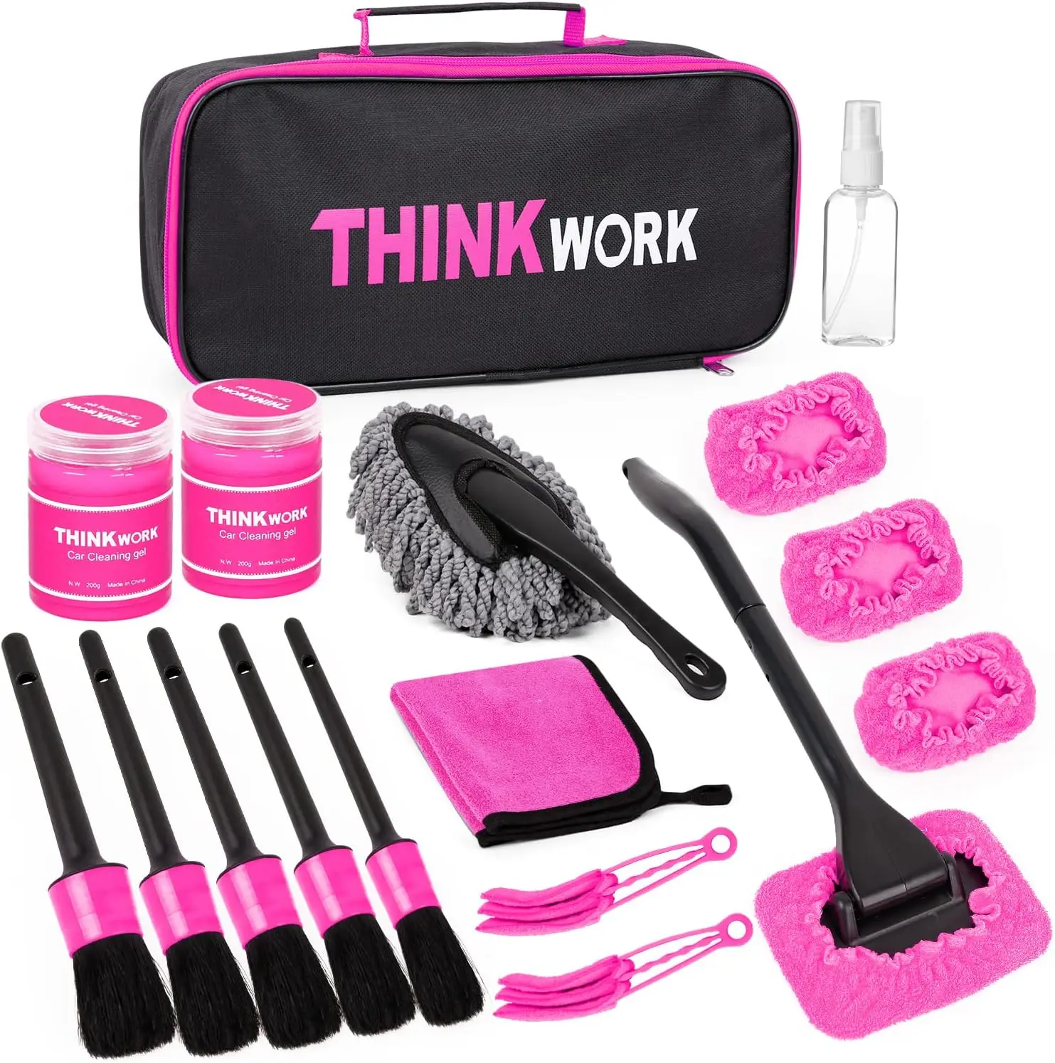 THINKWORK Pink Car Detailing Interior Kit, Pink Cleaning Appliances, Girly Car Accessories Kit, Professional Car Care kit for Interior, Exterior