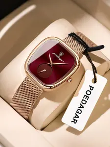 Elegant Rose Square Watch - Waterproof stainless steel mesh strap, quartz movement watch, black dial and rose hands, suitable for parties, leisure and swimming, women's watch