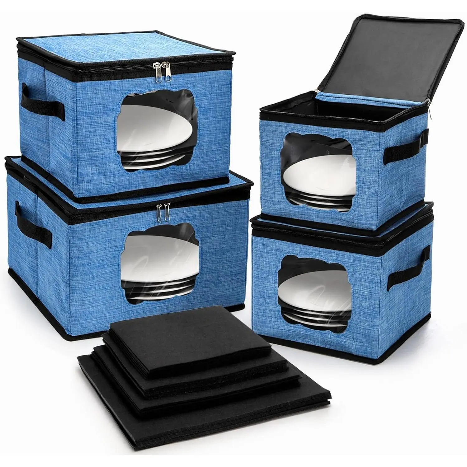 4 Size  Storage Containers, Hard Shell Quilted Plates Moving Case with Handle Window, Heavy Duty Stackable Dish Organizer for Dinnerware, Glasses, Including 48 count Felt Divider