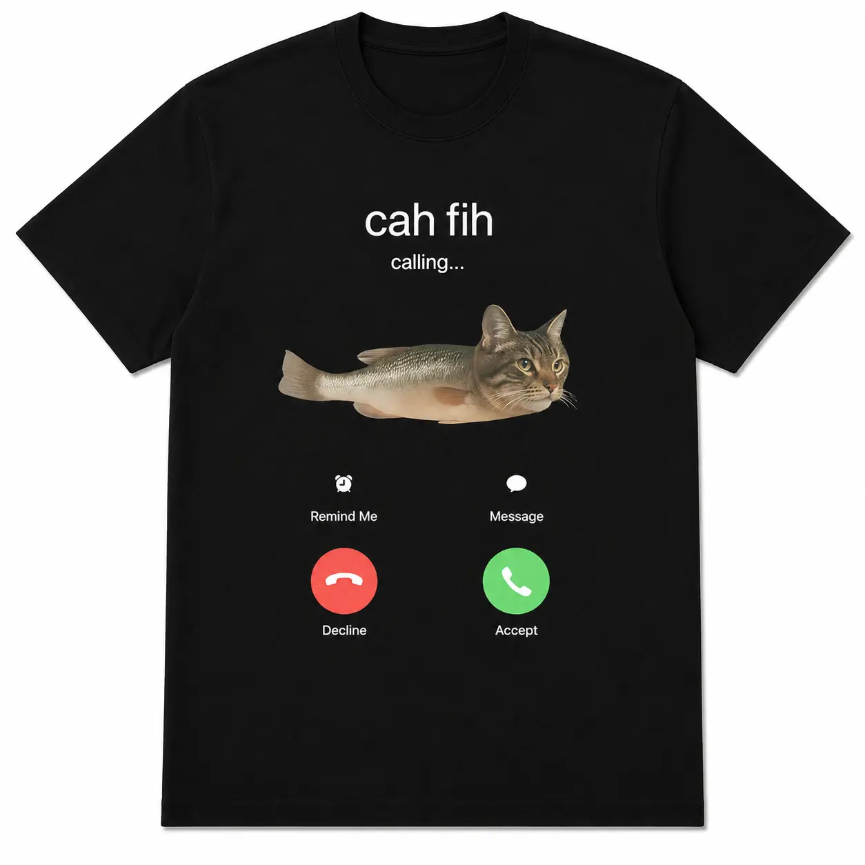 Cah Fih Meme Print T-Shirt - Menswear Streetwear Baggy Oversize Tshirt, Funny Calling Cat-Fish Hybrid Meme Design, Absurd Humor Internet Culture Casual Round Neck Short-Sleeve Sports Top, Viral Gift, Meme Shirts
