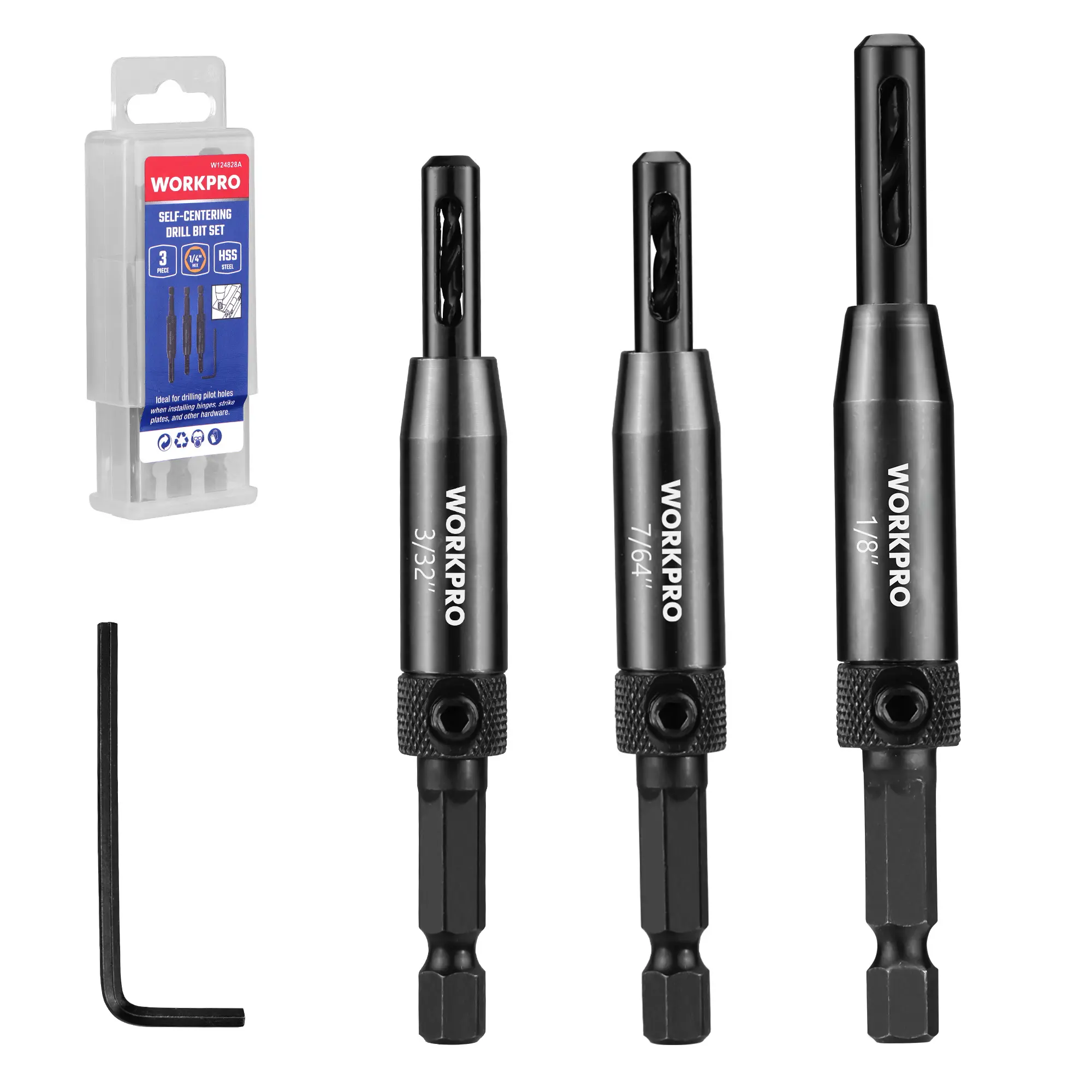 #backtoschool WORKPRO 3-Pack Self Centering Drill Bit Set, Durable HSS VIX Bit with Hex Key, 3/32”, 7/64”, 1/8” Center Drill Bits, 1/4 Inch Hex Shank for Precise Cabinet and Door Installation
