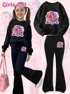 Girls Kpop Demon Hunters Korean Fashion Set, Comfortable Cartoon Print Hoodie & Bell Bottoms, Perfect Christmas Gift, Casual Fall Winter Wear