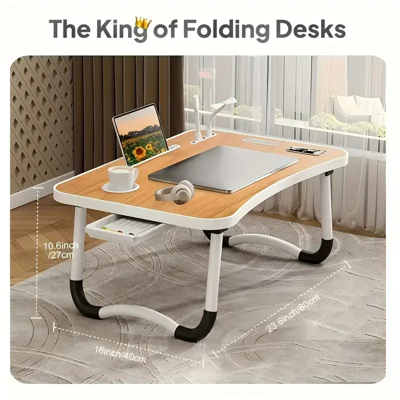 Multifunctional Leg Rest Table with Cup Holder And Drawer, 4 USB, Fan And Light - Portable Foldable Bed Tray for Laptop, Breakfast In Bed, Reading And Writing On Sofa/ Couch, Laptop Desk On Bed