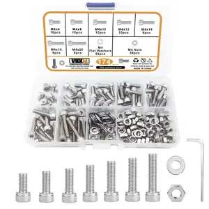 174pcs Vkkm M4 Hexagon Round Head Screw Set, 304 Stainless Steel Silver Color & Carbon Steel, Industrial Grade Rust Proof, Stainless Steel Screws