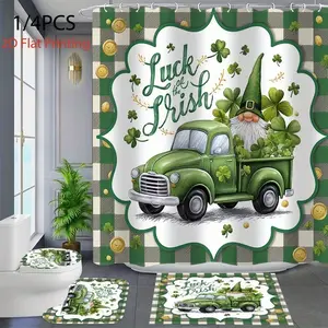 1/4pcs St. Patrick's Day Themed Shower Curtain Set with Truck and Elf Design, Includes Non-Slip Mat, U-Shaped Rug, Toilet Lid Cover, Perfect for Bathroom Decor with 12 Hooks