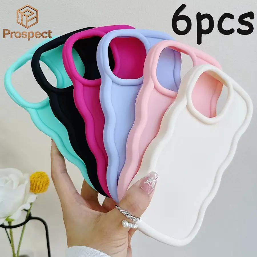 6pcs Cute Wavy Frame Macaron Solid Color TPU Phone Case 6-Color Pack, Shockproof Soft Cover for iPhone 17Pro Max 16 Pro Max 15 Plus 14 13  Shockproof Anti-Scratch Durable Cover for gift Decorative Smartphone Protector Cellphone Protector