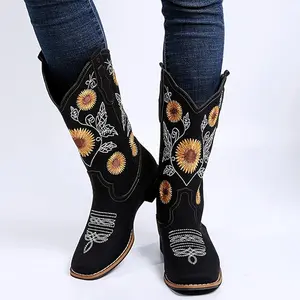 Cowboy Boots for Women Mid Calf Cowgirl Western Boots Sunflower Embroidery Stitched Square Toe Low Heel Black Brown