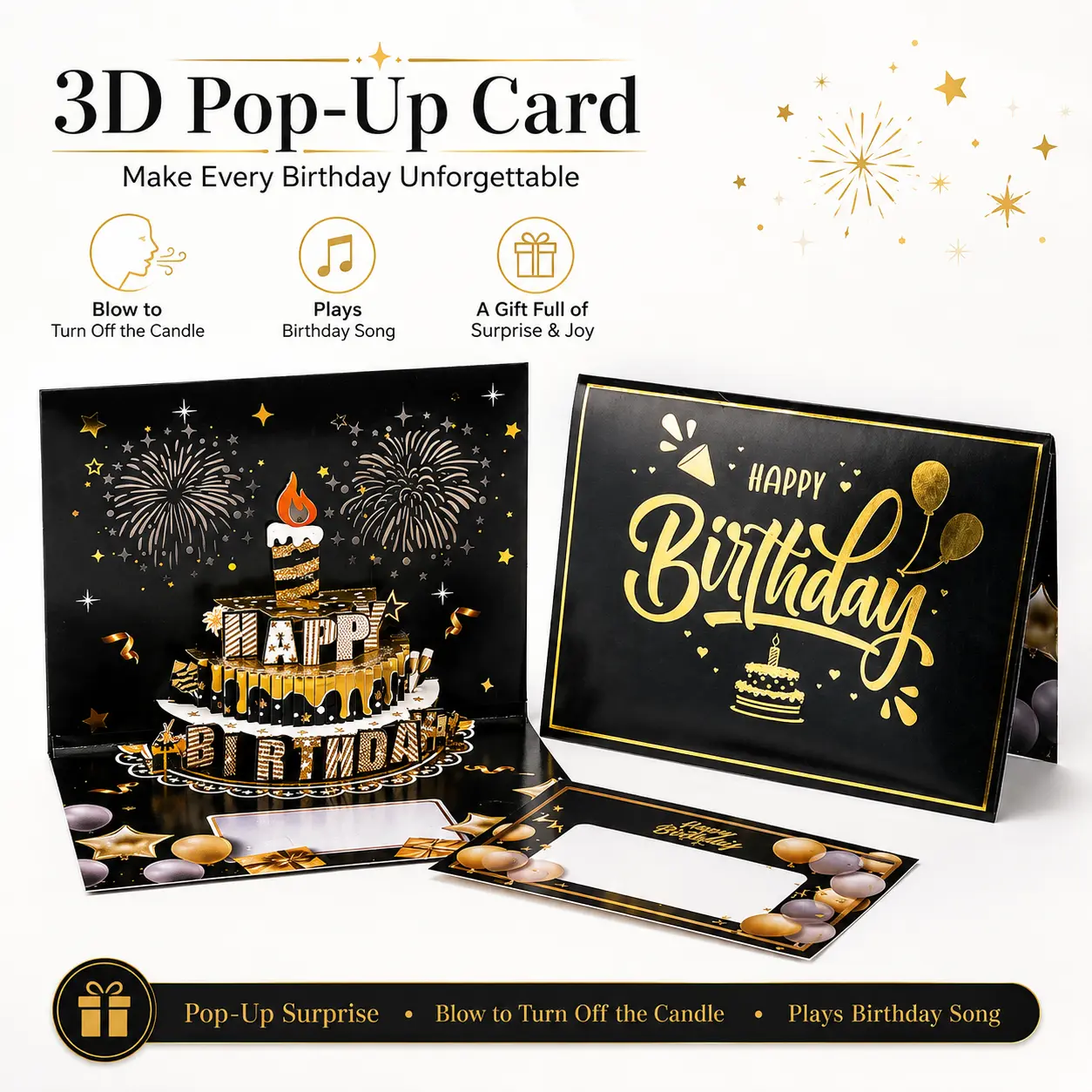 Pop Up Birthday Card - Musical Blowable Candle Light Up 3D Greeting Card with Happy Birthday Song, Interactive Paper Cake Card with Envelope for Kids, Girlfriend, Mom & Friends