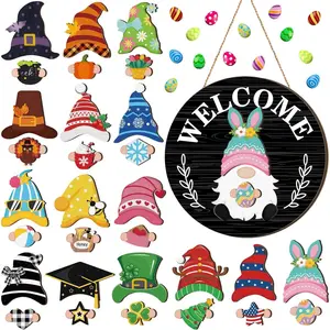 Interchangeable Wooden Gnome Decor Holiday Seasonal Gnome Decorations with Magnet Pieces and Detachable Hats Changeable Welcome Sign for Home(Black Style)