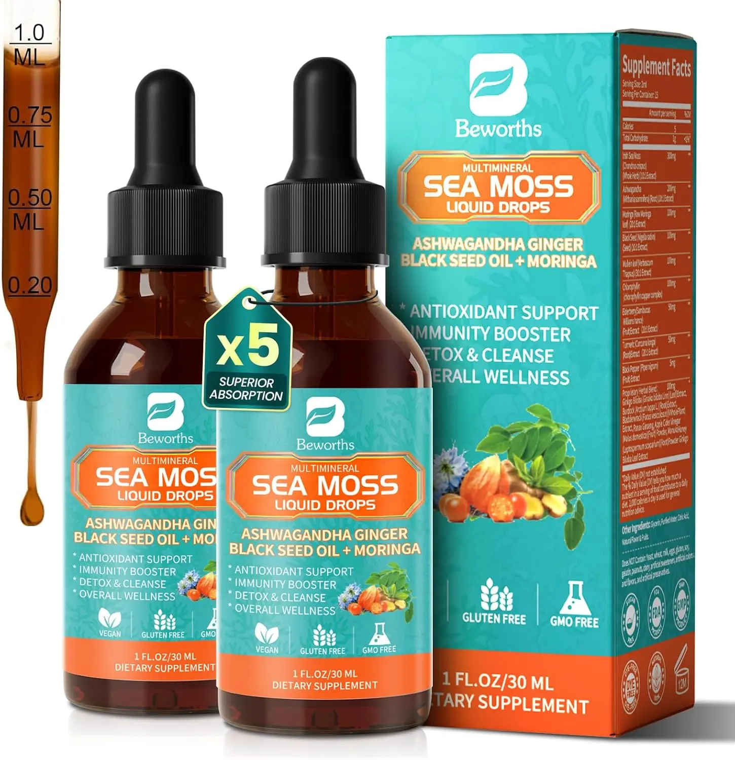 Sea Moss Drops - Irish Sea Moss Liquid Chlorophyll, Black Seed, Ashwagandha | 98% Absorption Better than Seamoss Gel, Wildcrafted Seamoss Drops for Gut & Liver Cleanse, Digestion, Immune Support - Vegan
