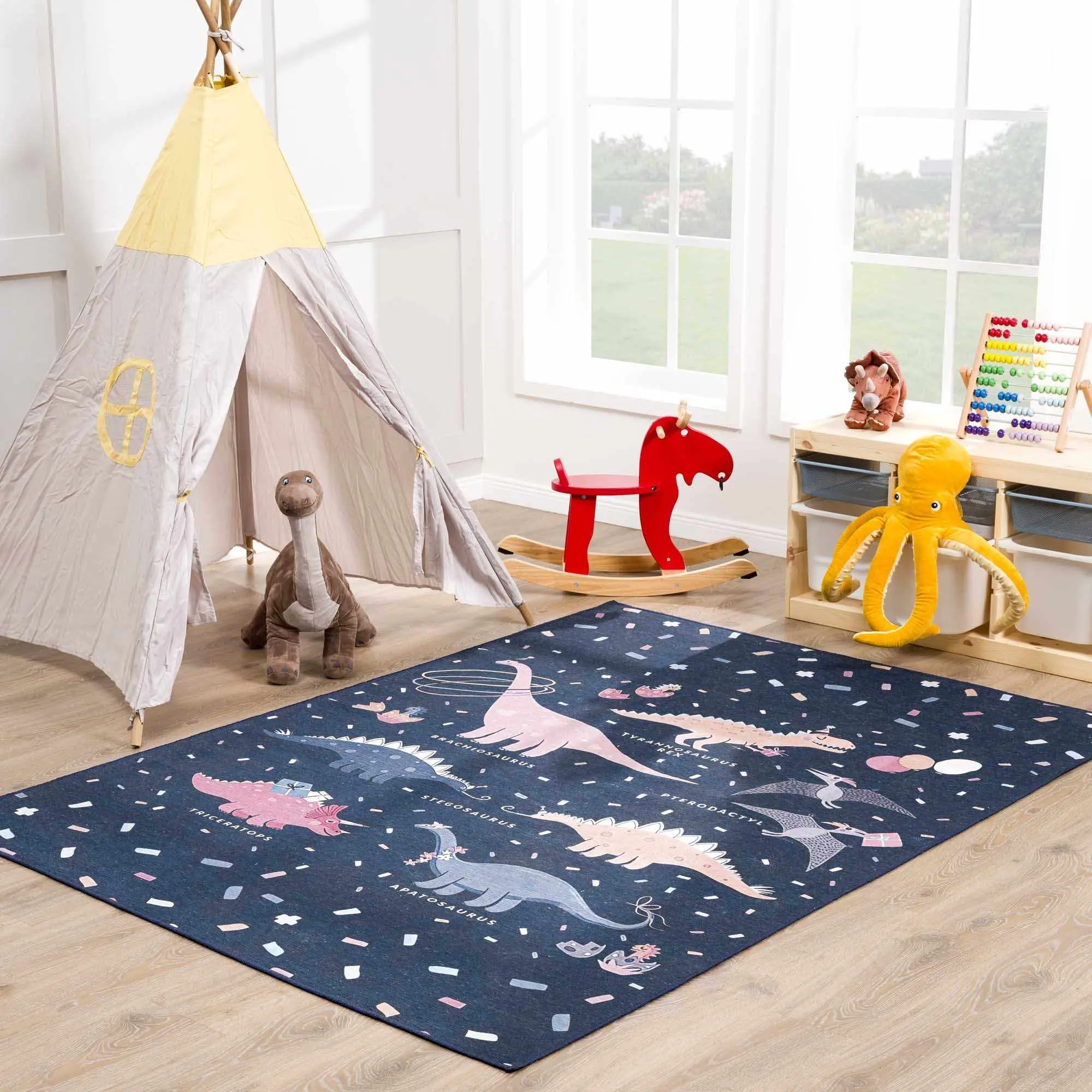 Milne Navy Cartoon Dinosaur Head Play Rug - Rectangle, Machine Washable Kids Indoor Floor Rug, Clearance