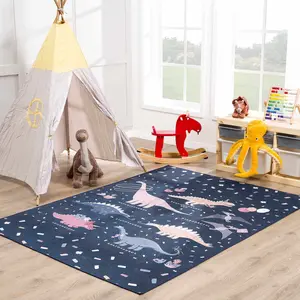 Milne Navy Dinosaur Washable Kids Rug - Clearance