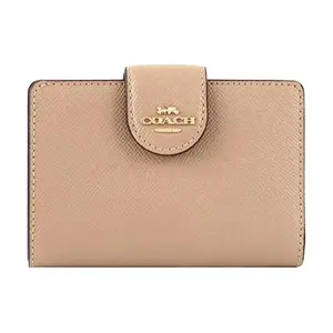COACH Corner Zip 13 Crossgrain Leather Coin Purse and Card Wallet for Women, Neutral Oatmeal Color