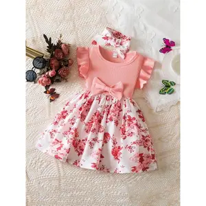 Preschool printed bow decoration ruffled sweater dress, cute casual long sleeved round neck knitted dress, suitable for daily wear, summer children's clothingRAIMENTRY