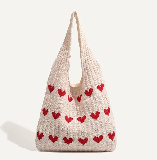 Elegant Geometric Heart Pattern Crochet Tote Bag - Unlined Fabric Shoulder Bag for Women, Foldable, Machine Washable, Non-Closing - Ideal for Shopping, Travel, Beach, Christmas, Halloween Gifts