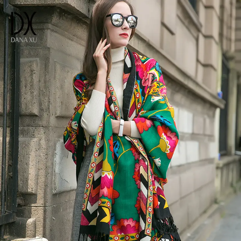 DANA XU High Quality 100% Merino Wool Extra Large Pashmina Blanket Travel warm Scarf Cashmere Wrap for Women Fall Winter Oversize Shawl Floral