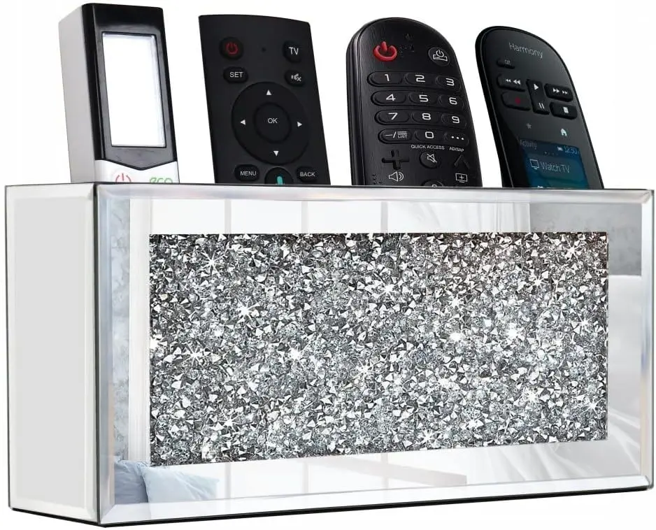 Mirrored Remote Holder, Wall Mounted Crush Diamond Bling Decoration Organizer Storage Box for Remote Phone Pad Wallet Notebook (8.3"×2.5"×4" For 3 or 4 Remote Controls)