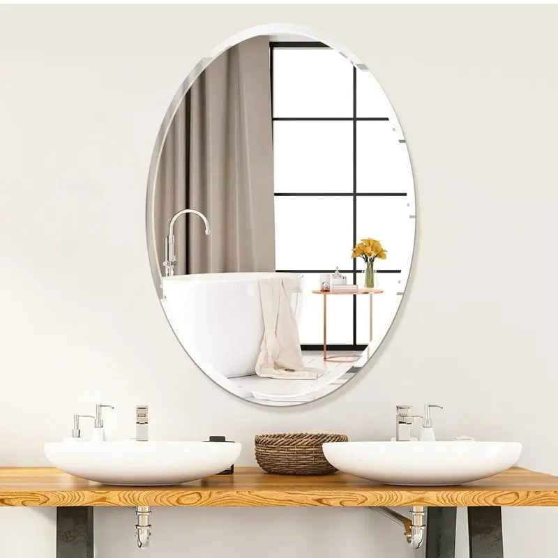 Oval Frameless Wall Mirror, 24 x 36 Inch, Beveled Edge Bathroom Mirror Perfect Above Double Vanity Beveled Edge Design Crystal-Clear Reflection Easy Wall Mount