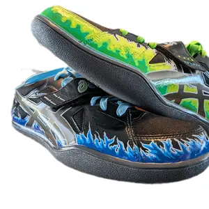 Hand Painted Throwing shoes- Custom Art throwing Sneakers with Vibrant Green & Blue Flames Design size 13