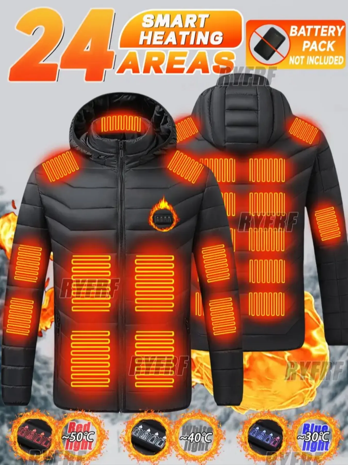 Men's Smart Heated Winter Casual Fashion Jacket Cotton Coat, Four Control 24 Zone Polyester Hoodie, Unisex Zipper Outerwear (no Charger Included)