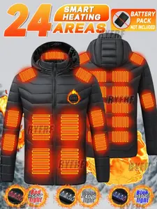 Men's Smart Heated Winter Casual Fashion Jacket Cotton Coat, Four Control 24 Zone Polyester Hoodie, Unisex Zipper Outerwear (no Charger Included)