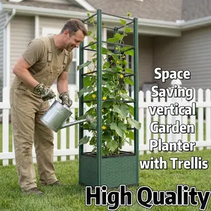 Vertical Raised Garden Bed with Trellis, Outdoor Tall Planter Box for Climbing Plants, Heavy Duty Plastic Flower Pot for Cucumber Tomato Vine, Space Saving Backyard Patio Decor, Durable & Weather Resistant Green Gardening Container