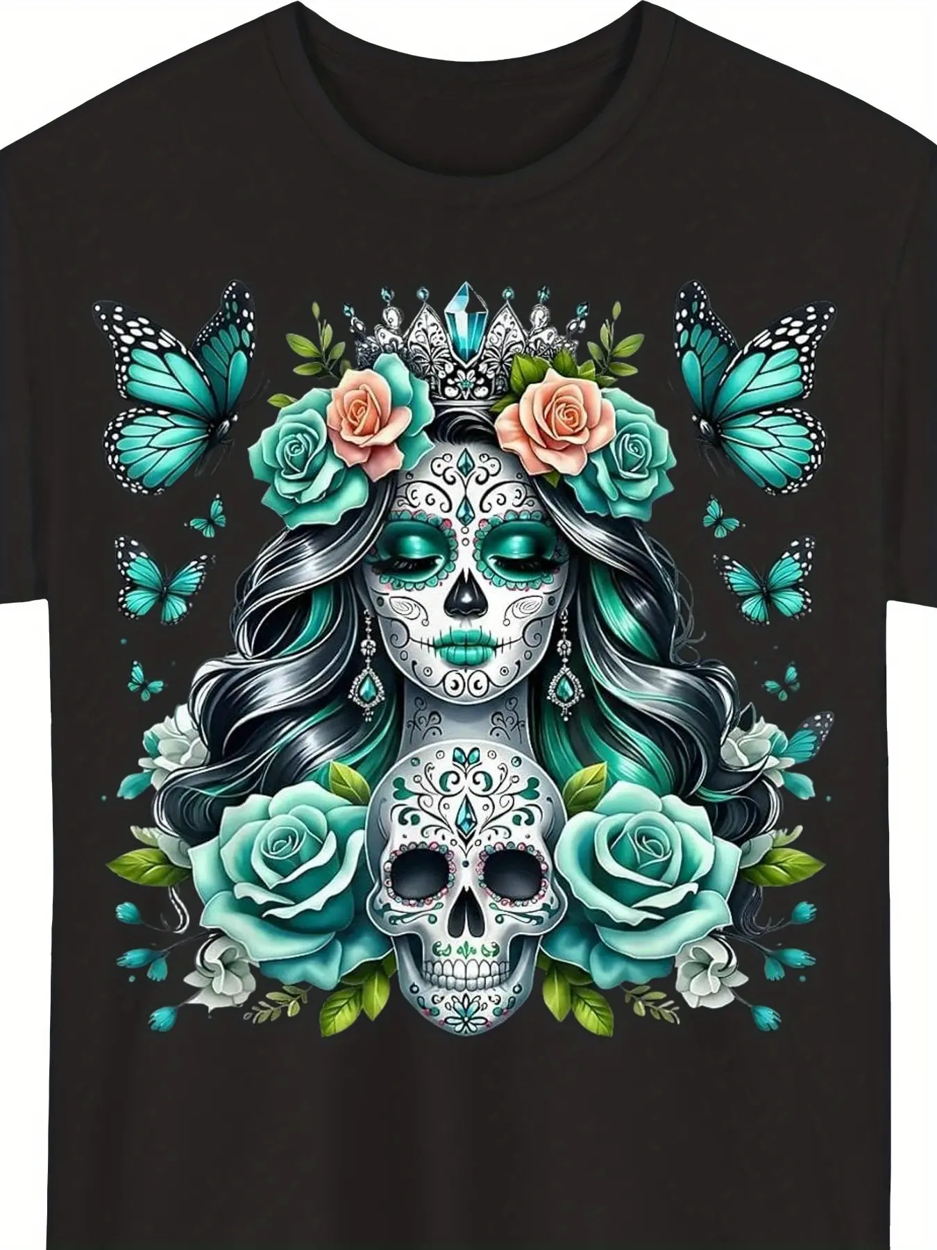 De Los Muertos La Catrina Day of The Dead Floral Sugar Skull T-Shirt |   Crew Neck, Short Sleeve, Regular Fit, Digital Heat Transfer, All-season Casual Wear