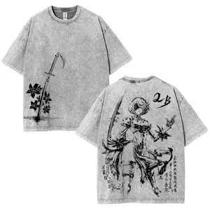 Nier Automata 2B v7 Yorha for the Glory of Mankind washed 2 sided printed tshirt, soft cotton oversize graphic tee, classic black crewneck menswear top Clothes