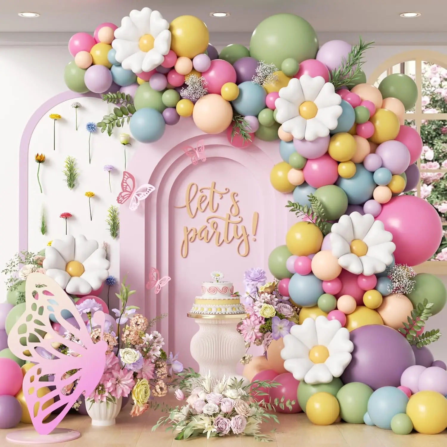 136-Piece Floral Balloon Arch Kit, Sage Green-Hot Pink-Dusty Pastel Purple Flower Balloons for Wildflower Shower & Birthday Party Decorations
