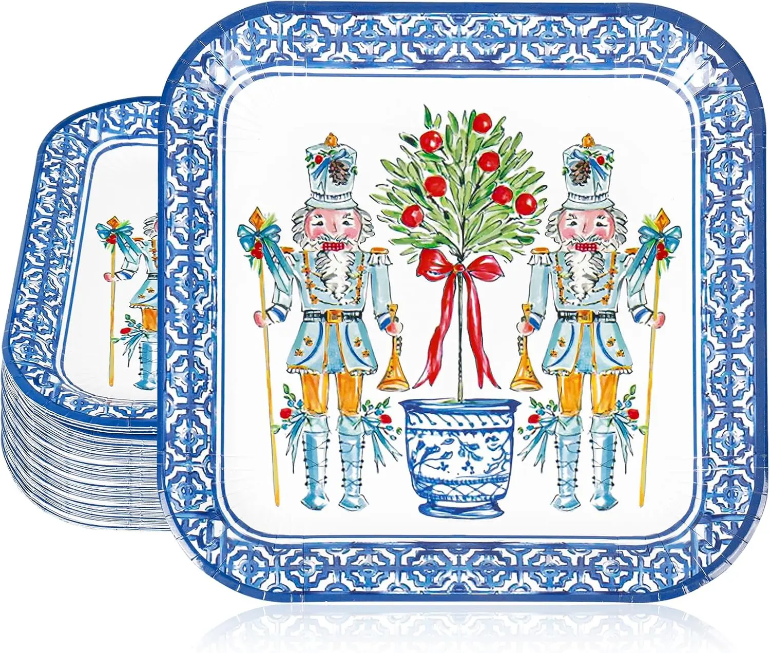 50 Pcs Christmas Paper Plate Nutcracker Chinoiserie Disposable Plates Square Dinner Plates for Xmas Winter Party Tableware Supplies, 9 Inch