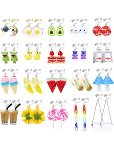 20 Pairs Cute Clip On Earrings - Weird, Funny Drop Dangle Earrings With Mushroom, Frog, Duck, Strawberry, Goldfish, Flower, Fruit, Animal, Kawaii Themes - Non Pierced, Clear Box