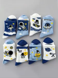 4 Pairs Random Color Kids Socks, Astronaut Pattern, Unisex Mid-Calf Sports Socks for Boys & Girls, Casual Daily Wear