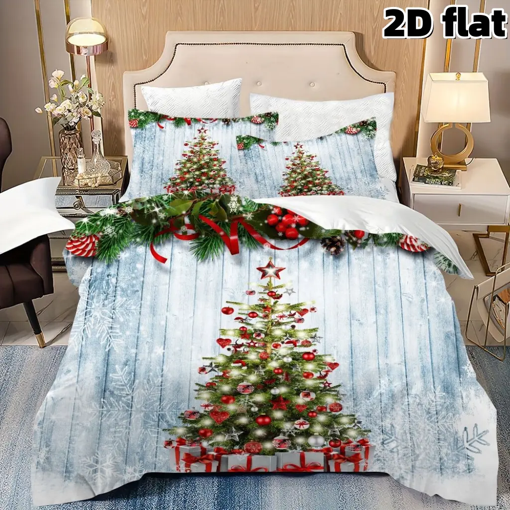 2D Flat 3Pcs Decorative Bedding Set Christmas Tree Bedding Holiday Winter Decor Festive Rustic Wooden Background Red Green Ornaments Duvet Cover Soft Microfiber Bedroom Bedding (1 Duvet Cover + 2 Pillowcases, Unfilled) - Christmas Gift Home Decoration