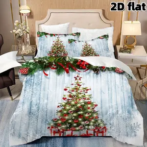 2D Flat 3Pcs Decorative Bedding Set Christmas Tree Bedding Holiday Winter Decor Festive Rustic Wooden Background Red Green Ornaments Duvet Cover Soft Microfiber Bedroom Bedding (1 Duvet Cover + 2 Pillowcases, Unfilled) - Christmas Gift Home Decoration