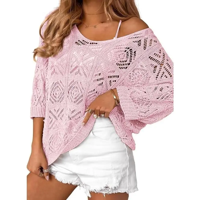 PHEFEE Women's Crochet Sweater Lightweight Hollow Out Knit Pullover Tops Casual Loose 3/4 Sleeve Boho Shirts Cover Ups