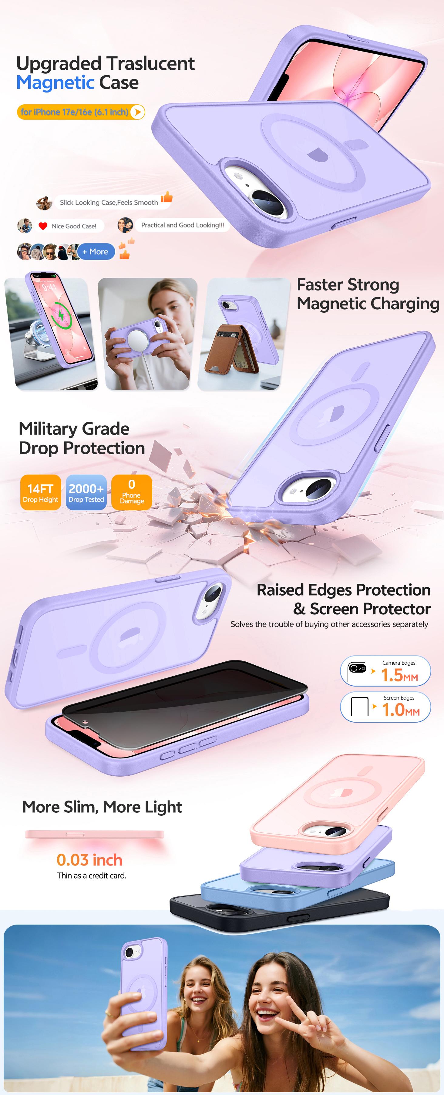 Magnetic for iphone 17E/16E Case with Privacy Screen Protector, Compatible with MagSafe, Translucent Matte Anti-Scratched Slim Case for iphone 17E/16E,Light purple
