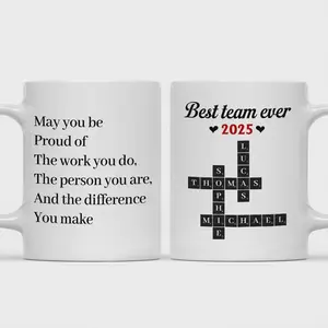 B*St Team Ever Personalized Coffee Mug, Custom Member Name Crossword Christmas Gift, Xmas Coworker Cup, for Work Bestie Mug, 11 15oz Ceramic tea Cup